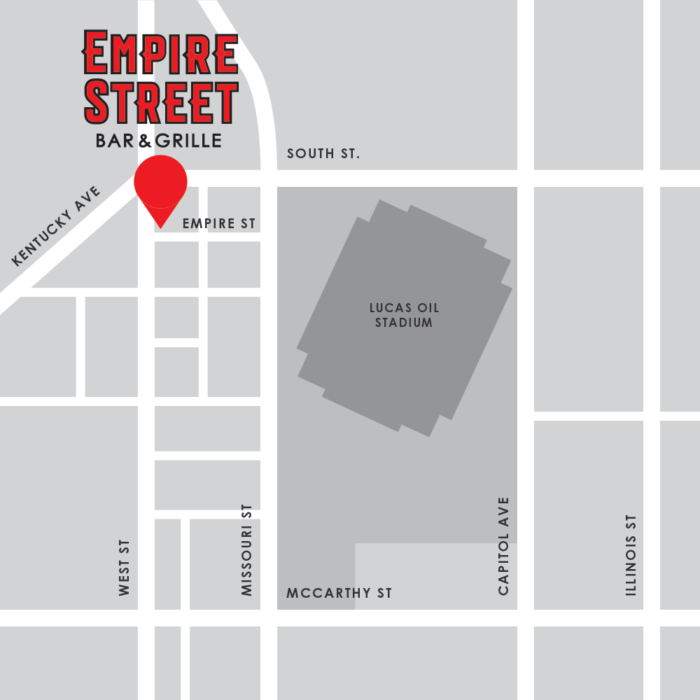 Map showing Empire Street Bar & Grille 419 S West St, Indianapolis, IN 46225